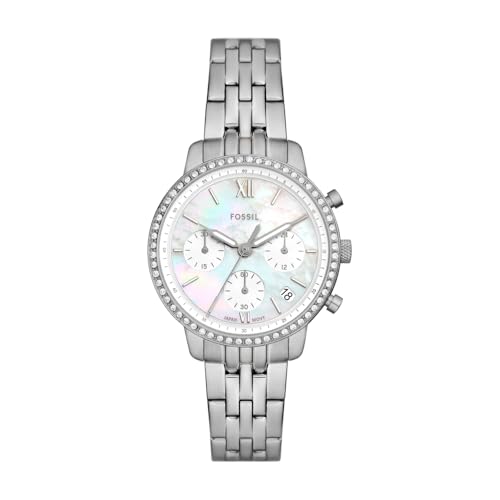 Fossil Neutra Orologio Per Donna, Movimento Cronografo Con Cinturino In Acciaio Inossiperbile O In Pelle, Argento Chiaro